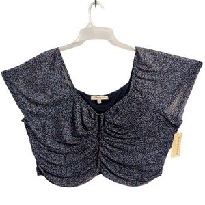 Rewind Womens Short Sleeve Cropped Blouse 3X Blue Floral Ruching W-217
